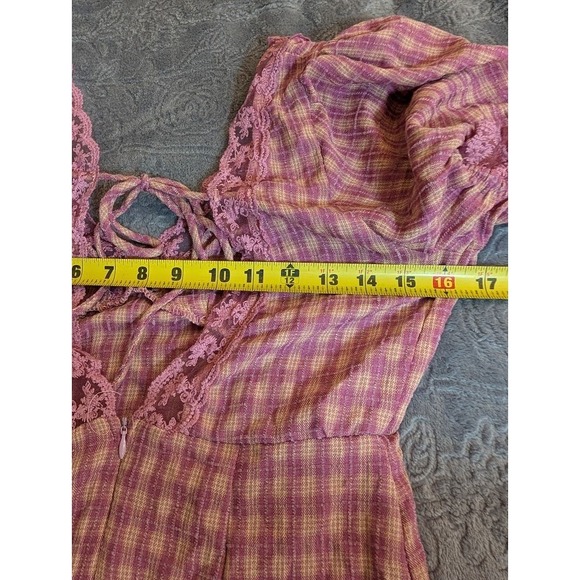 Westfade Pink Plaid V Neck Short Puff Sleeve Back Cut Out Mini Dress Small - Picture 8 of 9